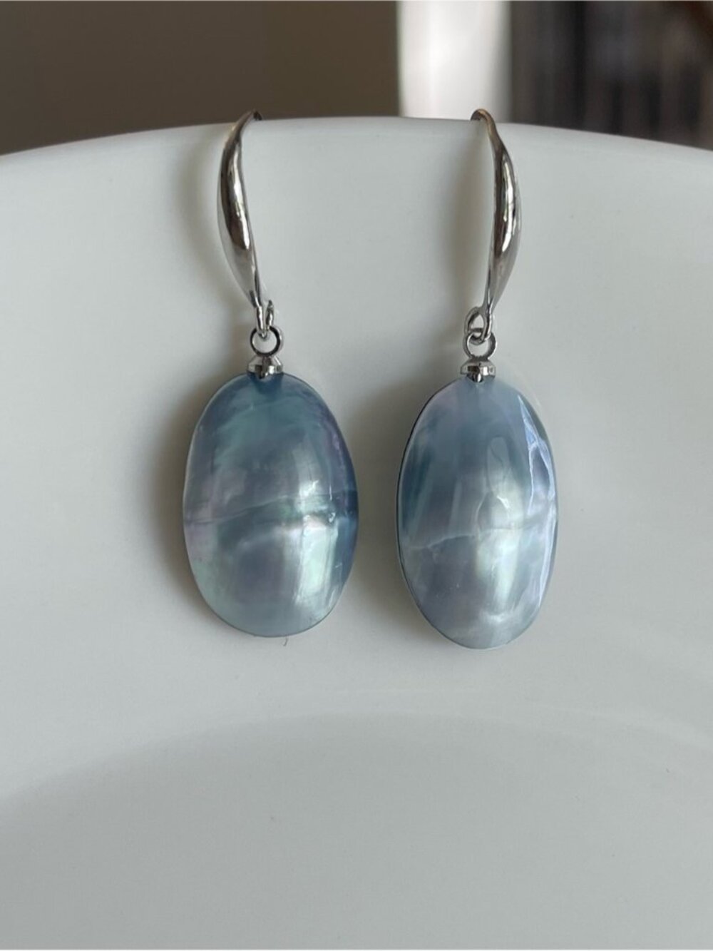 Silver Blue Gray Mother of Pearl Drop Earrings
